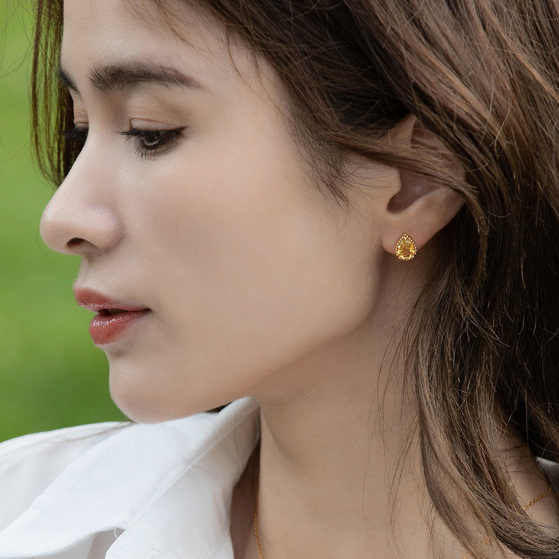 S925 Sterling Silver Jewelry Earrings Natural Citrine Gemstone Water Drop Style Stud Earrings