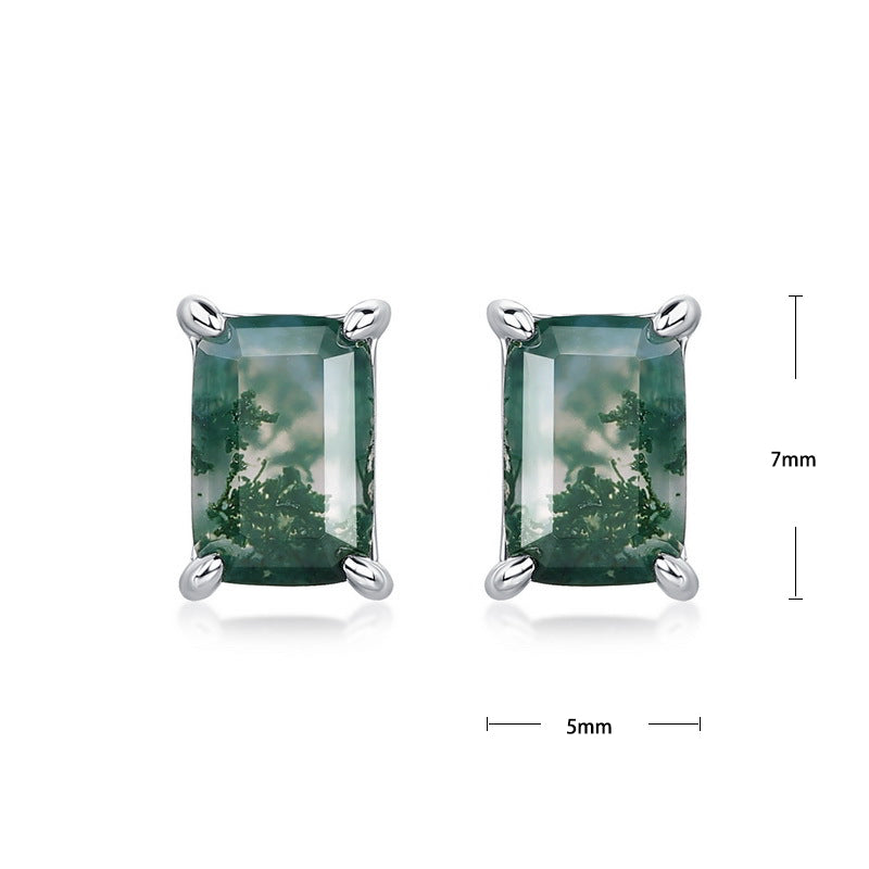 S925 Sterling Silver Jewelry Earrings Natural Moss Agate Gemstone Geometric Style Earrings