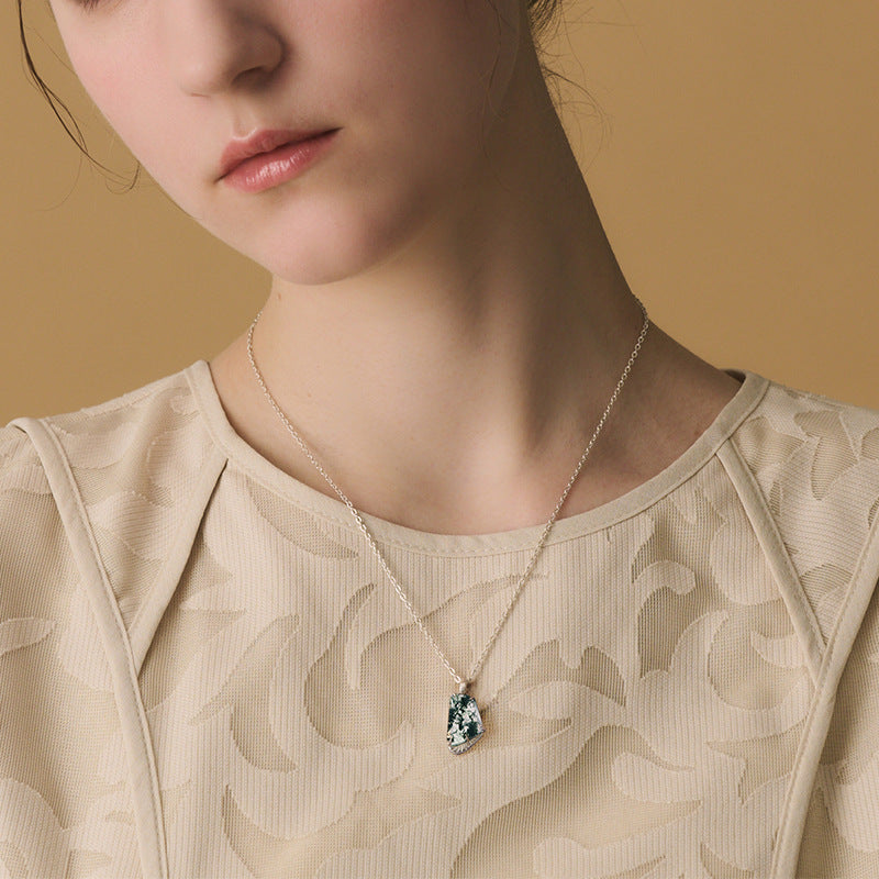 S925 Sterling Silver Jewelry Pendant Natural Moss Agate Gemstone Irregular Style Necklace Charms