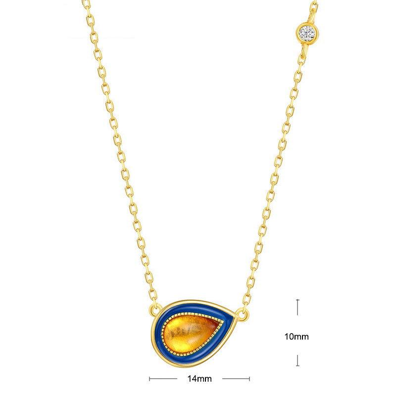 S925 Sterling Silver Jewelry Necklace Natural Amber Enamel Water Drop Style Charms Necklaces