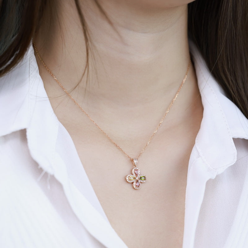 S925 Sterling Silver Jewelry Pendants Natural Tourmaline Gemstone Clover Necklace Charms