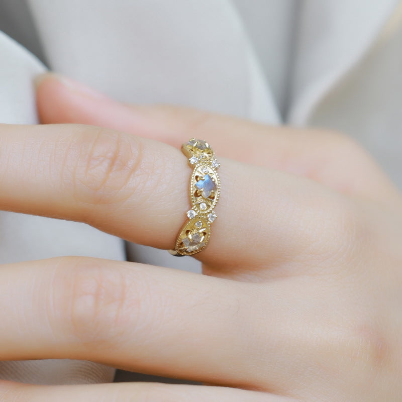 S925 Sterling Silver Jewelry Ring Natural Labradorite Gemstone Palace Floral Style Rings