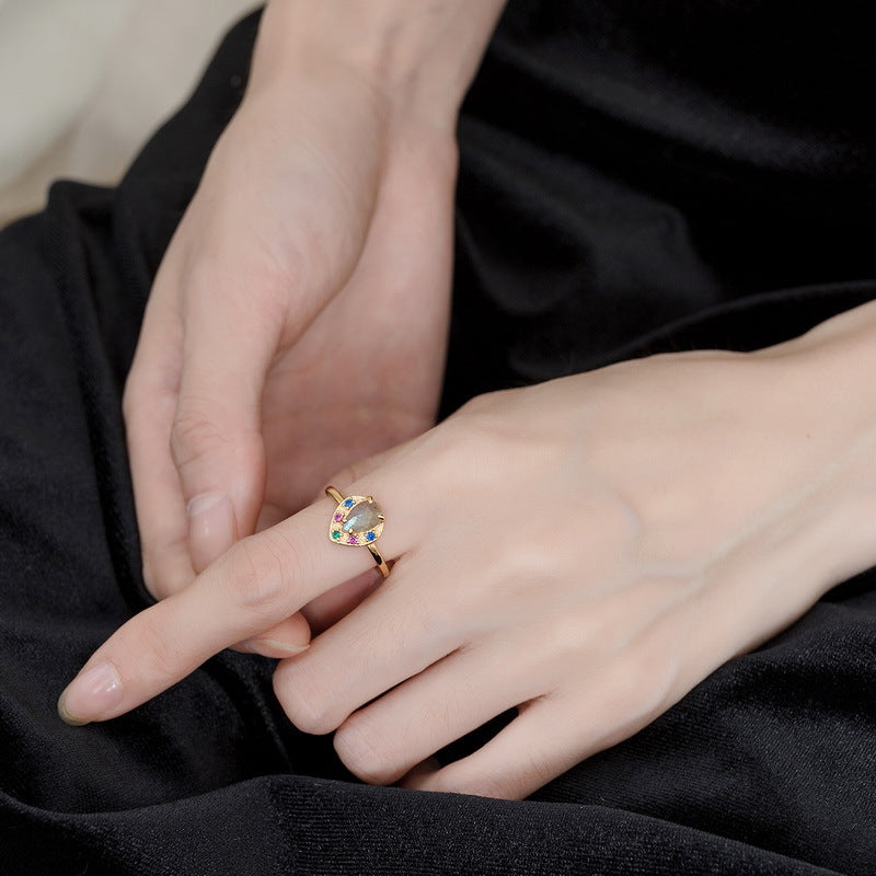 S925 Sterling Silver Jewelry Ring Natural Labradorite Gemstone Heart Style Simple Luxury Rings