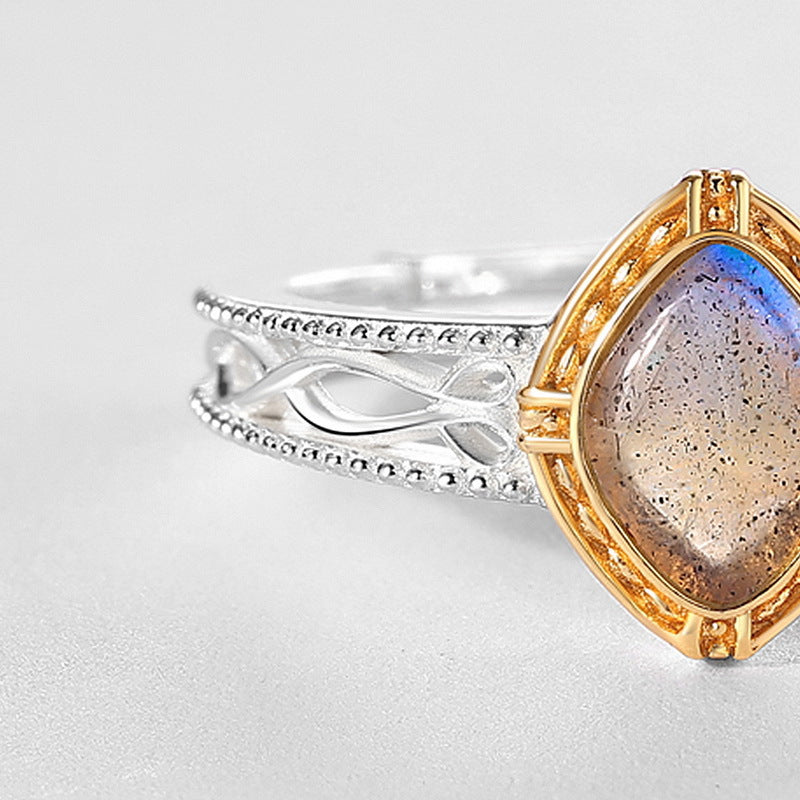 S925 Sterling Silver Jewelry Ring Natural Labradorite Gemstone Vintage Style Fashion Rings