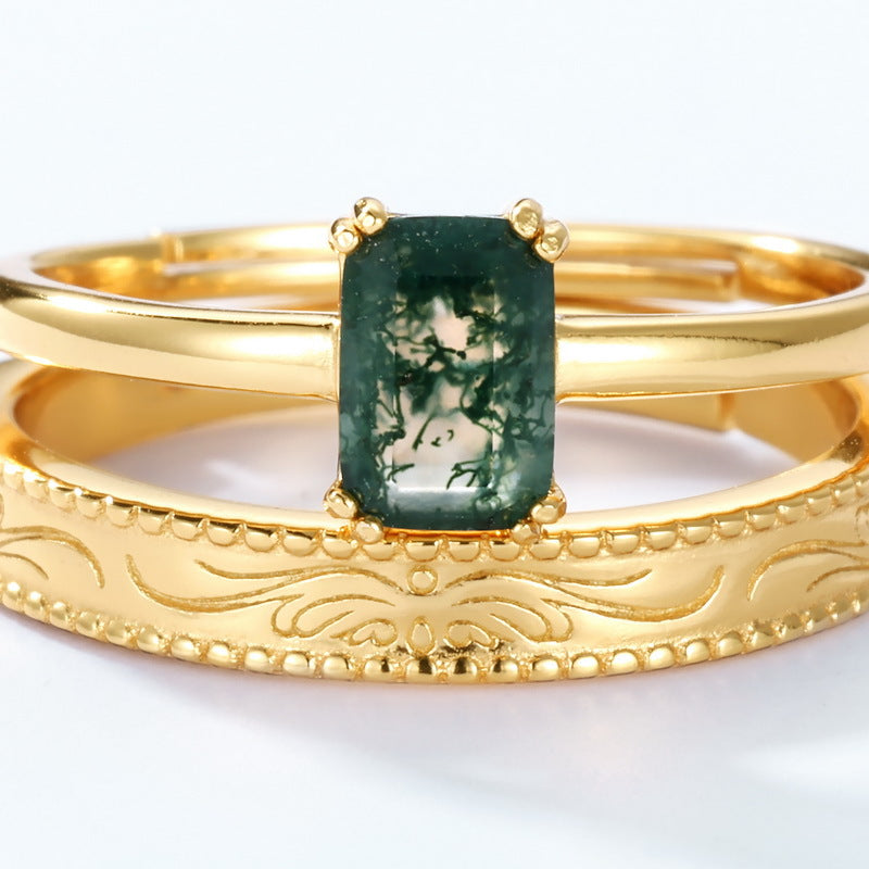 S925 Sterling Silver Jewelry Ring Natural Moss Agate Gemstone Gold Plating Stacking Rings