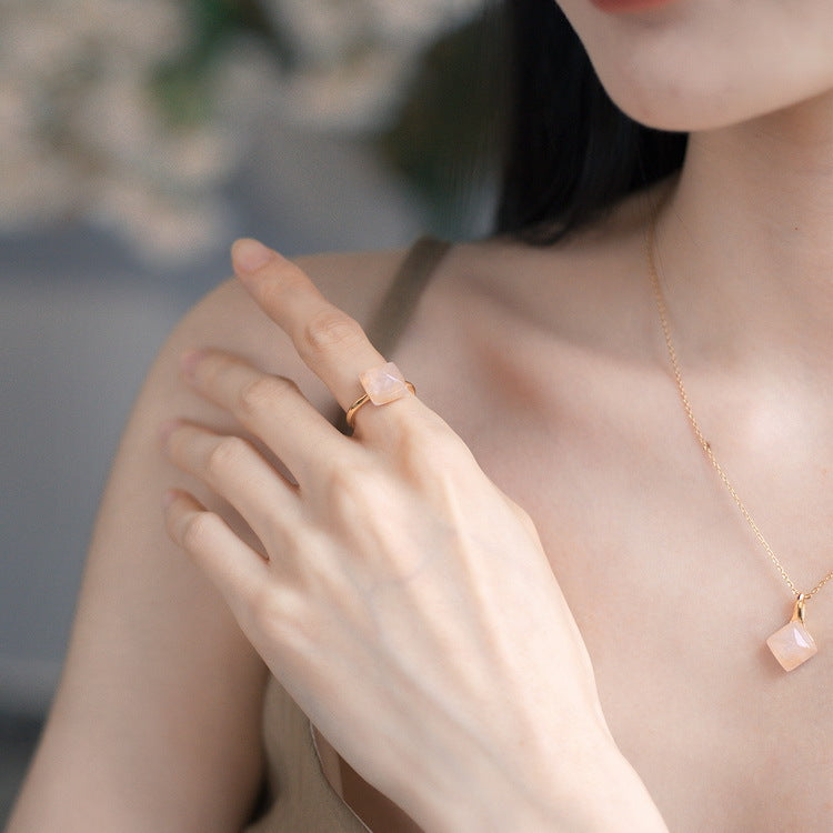 S925 Sterling Silver Jewelry Ring Gold Plating Natural Rose Quartz Simple Luxury Rings