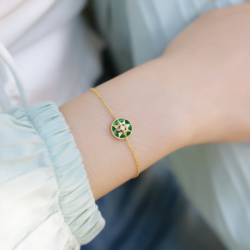 S925 Sterling Silver Jewelry Bracelet Natural Malachite Gemstone Lucky Compass Style Bracelets