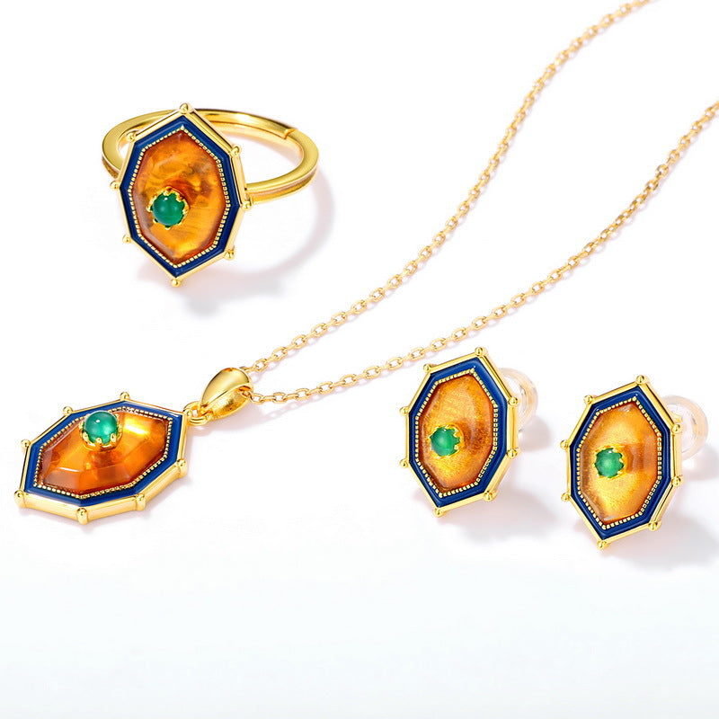 S925 Sterling Silver Jewelry Ring Natural Amber Vintage Palace Style Simple Luxury Rings