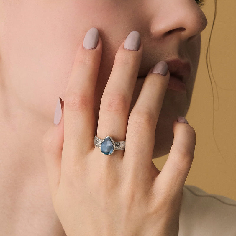 S925 Sterling Silver Jewelry Ring Natural Sky Blue Topaz Gemstone Vintage Style Band Rings
