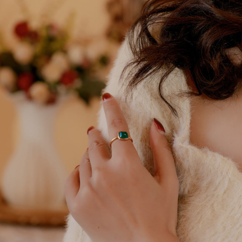 S925 Sterling Silver Jewelry Ring Natural Green Agate Gemstone Square Style Simple Luxury Rings