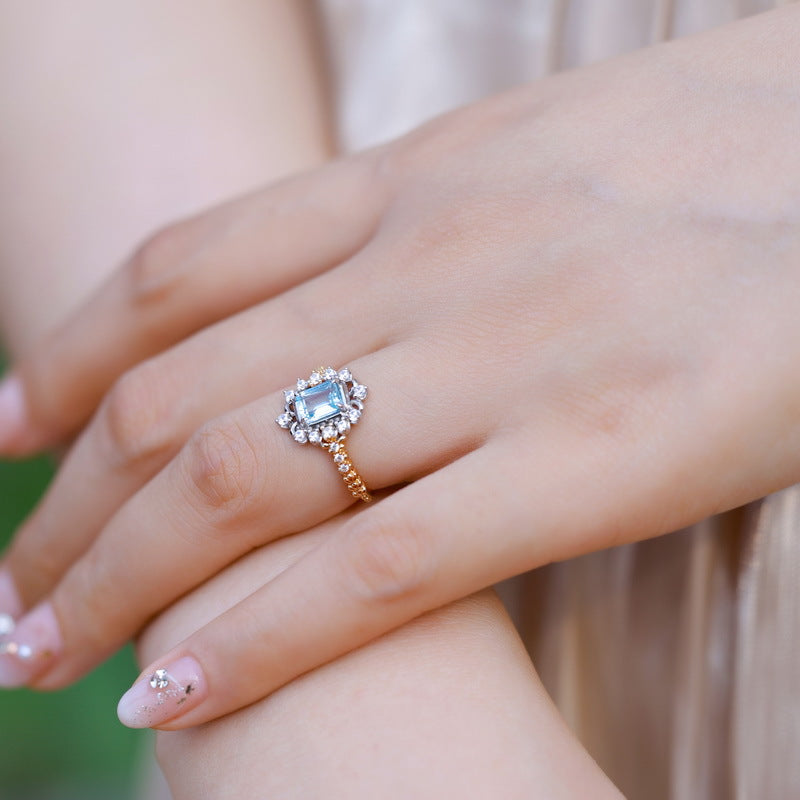 S925 Sterling Silver Jewelry Ring Natural Sky Blue Topaz Gemstone Palace Style Luxury Rings