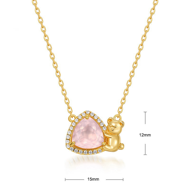 S925 Sterling Silver Jewelry Necklaces Natural Rose Quartz Little Bear Triangle Style Necklace
