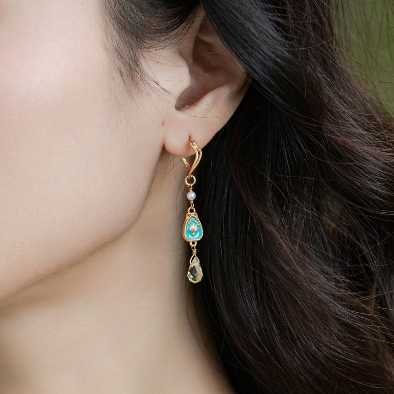 S925 Sterling Silver Jewelry Earrings Peridot Gemstone with Enamel Crafts Drop Earrings