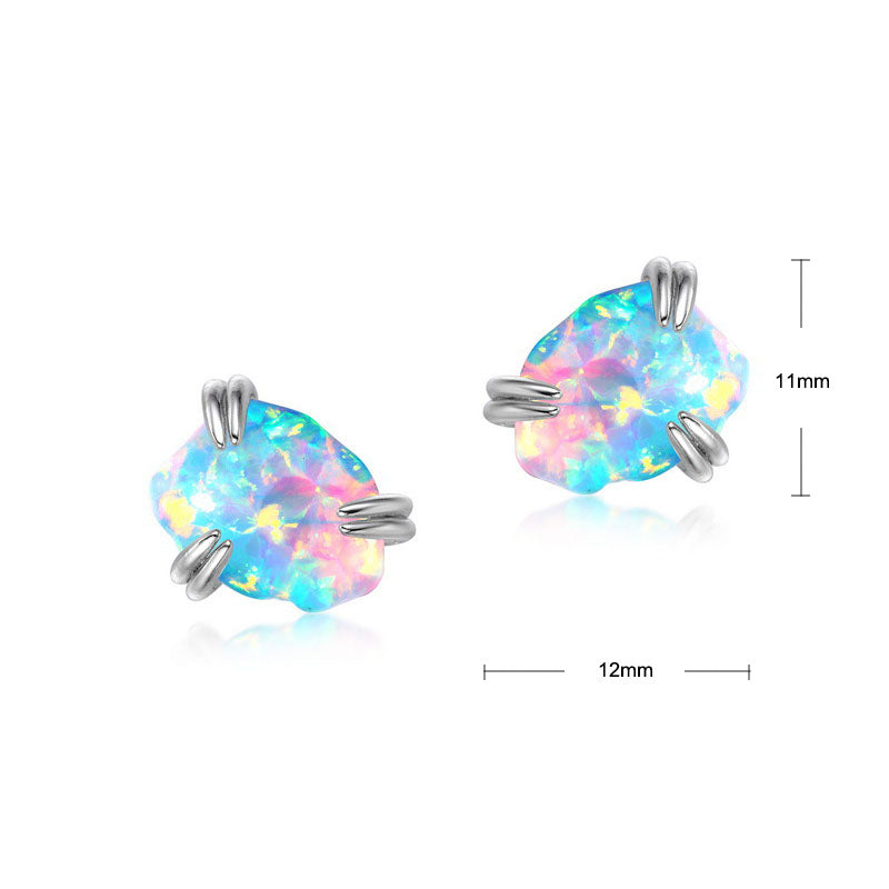 S925 Sterling Silver Jewelry Earrings Magical Color Opal Gemstone Irregular Style Stud Earrings