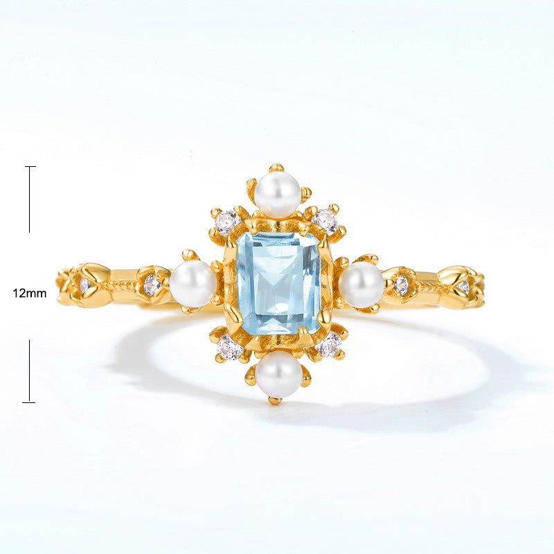 S925 Sterling Silver Jewelry Ring Natural Sky Blue Topaz Gemstone Snowflake Style Rings