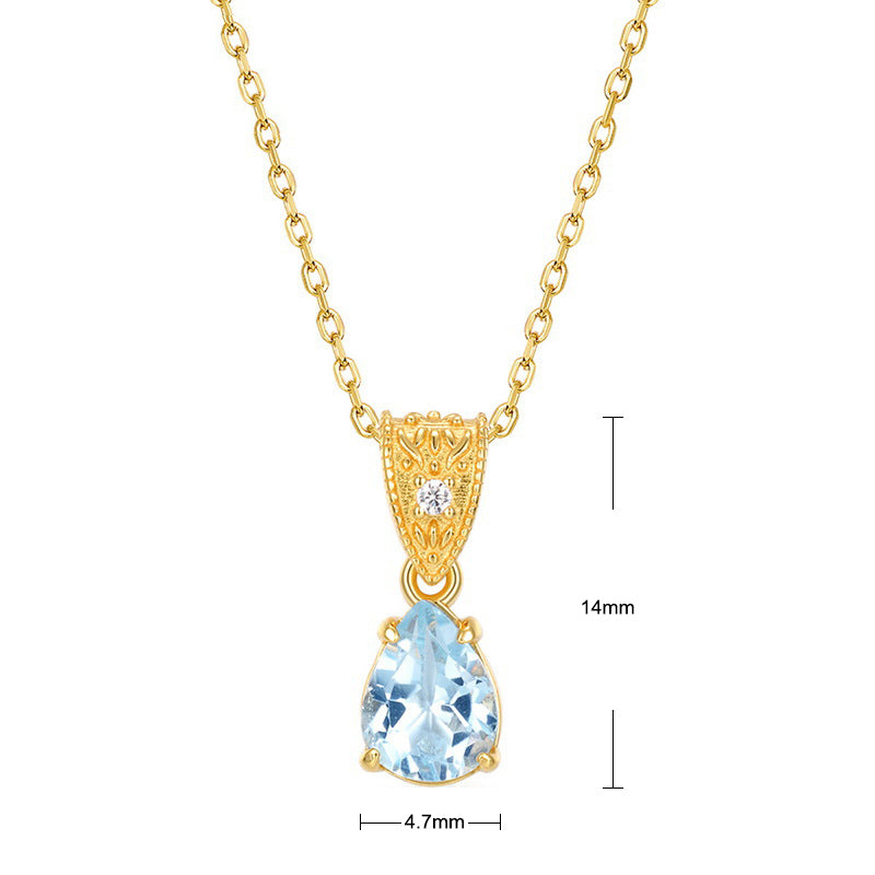 S925 Sterling Silver Jewelry Pendants Natural Sky Blue Topaz Water Drop Style Necklace Charms