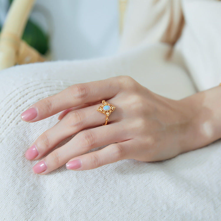 S925 Sterling Silver Jewelry Ring Natural Opal Gemstone Floral Lace Style Luxury Rings