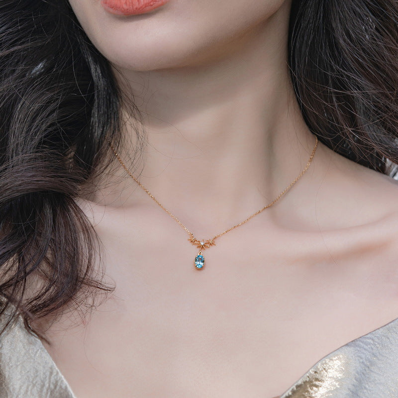 S925 Sterling Silver Jewelry Necklace Natural Swiss Blue Topaz Gemstone Star Style Necklaces