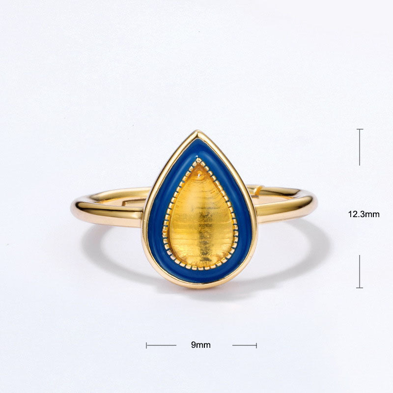 S925 Sterling Silver Jewelry Ring Natural Amber Vintage Enamel Water Drop Style Rings
