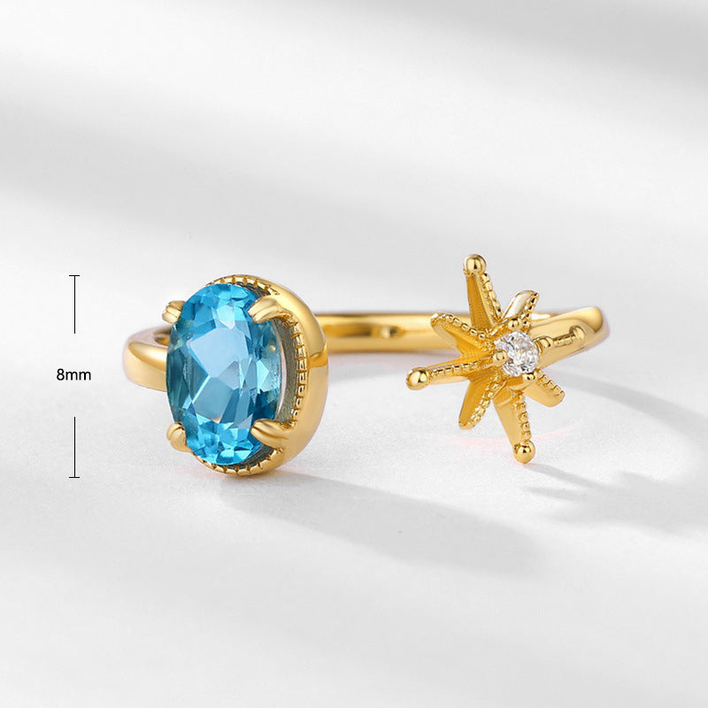 S925 Sterling Silver Jewelry Ring Natural Swiss Blue Topaz Gemstone Star Style Rings