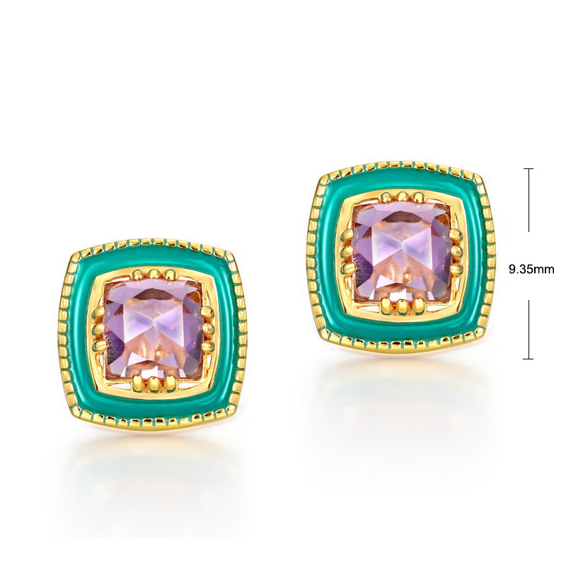 S925 Sterling Silver Jewelry Earrings Natural Amethyst Gemstone Enamel Stud Earrings