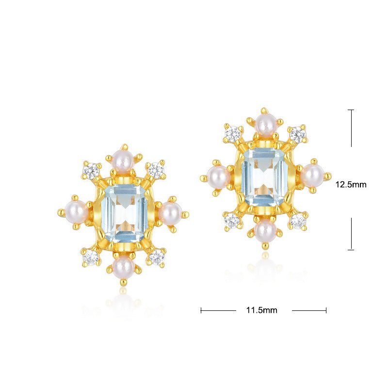 S925 Sterling Silver Jewelry Earrings Natural Sky Blue Topaz Gemstone Snowflake Stud Earrings