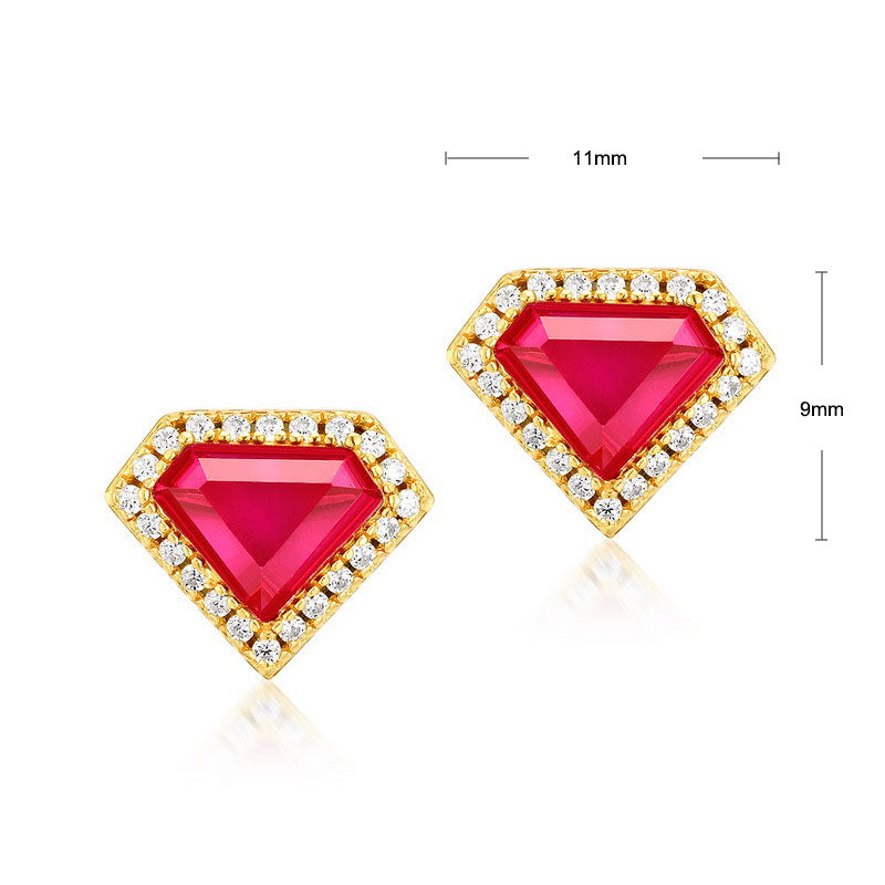 S925 Sterling Silver Jewelry Earrings Red Corundum Gemstone Shield Style Earrings