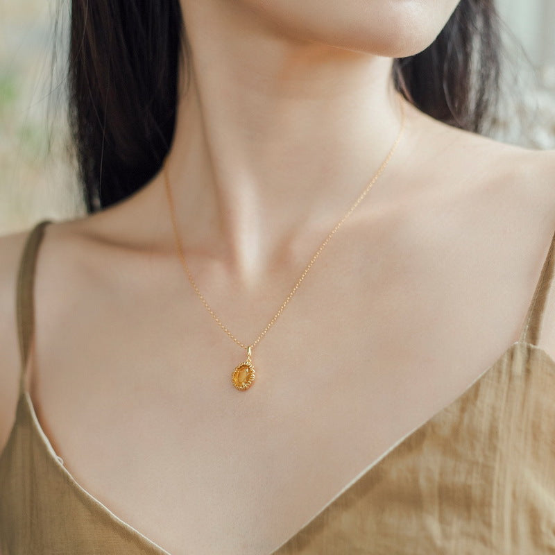 S925 Sterling Silver Jewelry Pendants Citrine Gemstone Sunflower Style Necklace Charms
