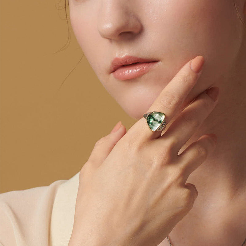 S925 Sterling Silver Jewelry Ring Natural Moss Agate Gemstone Irregular Vintage Style Rings