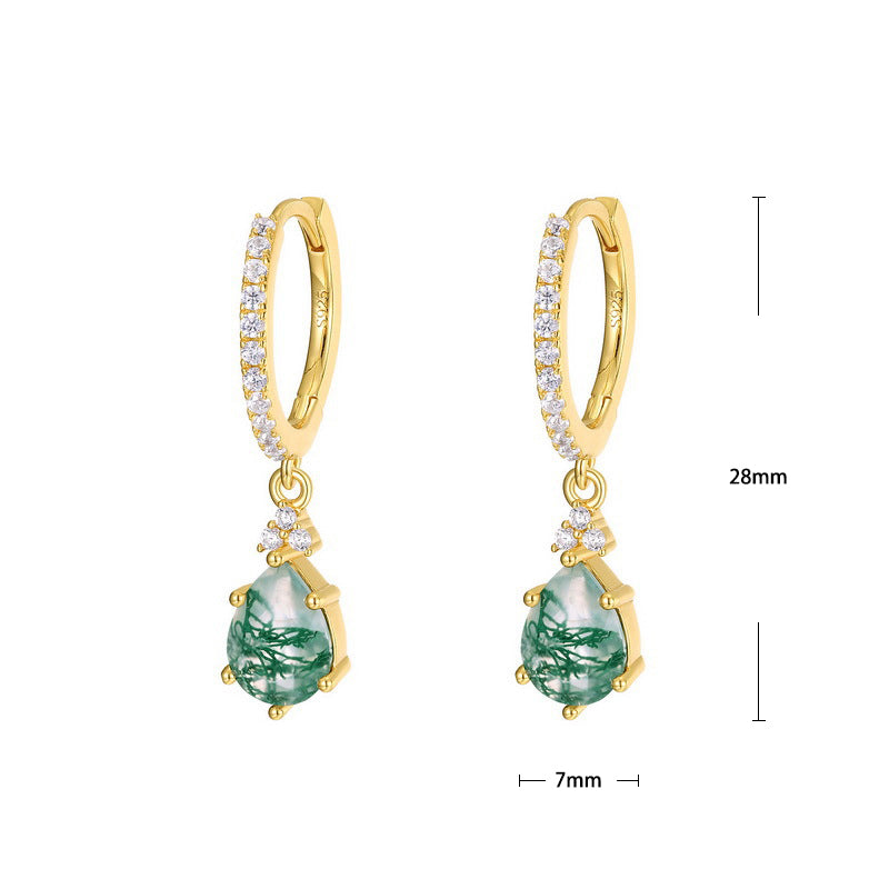 S925 Sterling Silver Jewelry Earrings Natural Moss Agate Gemstone Novel Water Drop Earrings
