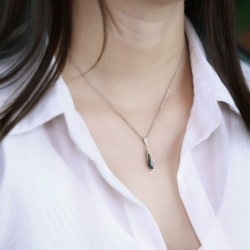 S925 Sterling Silver Jewelry Necklace Natural Moss Agate Gemstone Drop Charms Necklace