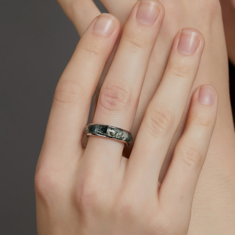 S925 Sterling Silver Jewelry Ring Natural Moss Agate Gemstone Fashion Band Rings