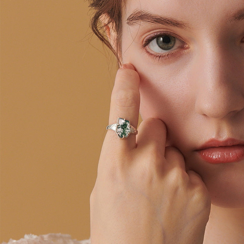 S925 Sterling Silver Jewelry Ring Natural Moss Agate Gemstone Irregular Simple Luxury Rings