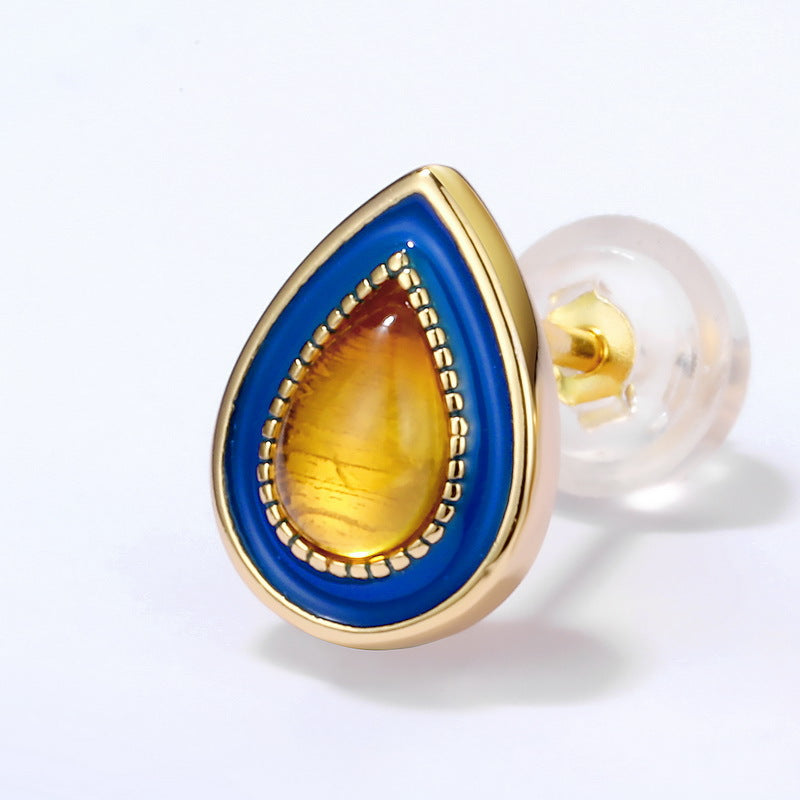 S925 Sterling Silver Jewelry Earrings Natural Amber Vintage Enamel Water Drop Style Earrings