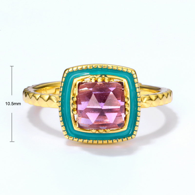 S925 Sterling Silver Jewelry Ring Natural Amethyst Gemstone Enamel Square Style Rings
