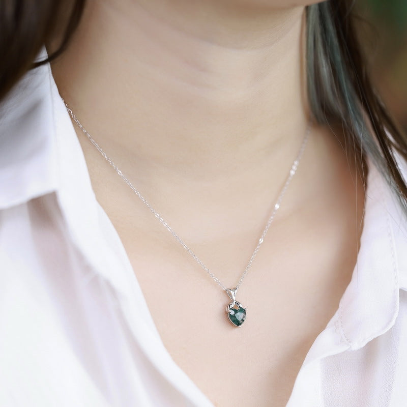 S925 Sterling Silver Jewelry Pendant Natural Moss Agate Gemstone Hear Style Necklace Charms