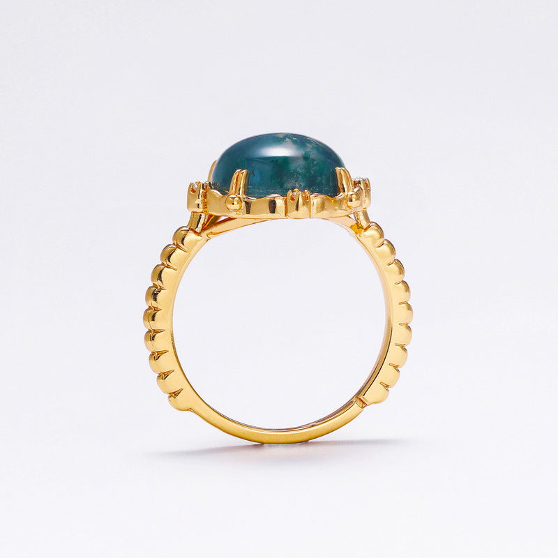 S925 Sterling Silver Jewelry Ring Natural Moss Agate Gemstone Gold Plating Fashion Rings
