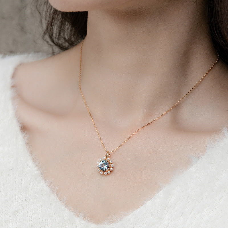 S925 Sterling Silver Jewelry Pendants Natural Sky Blue Topaz Gemstone Pearl Necklace Charms
