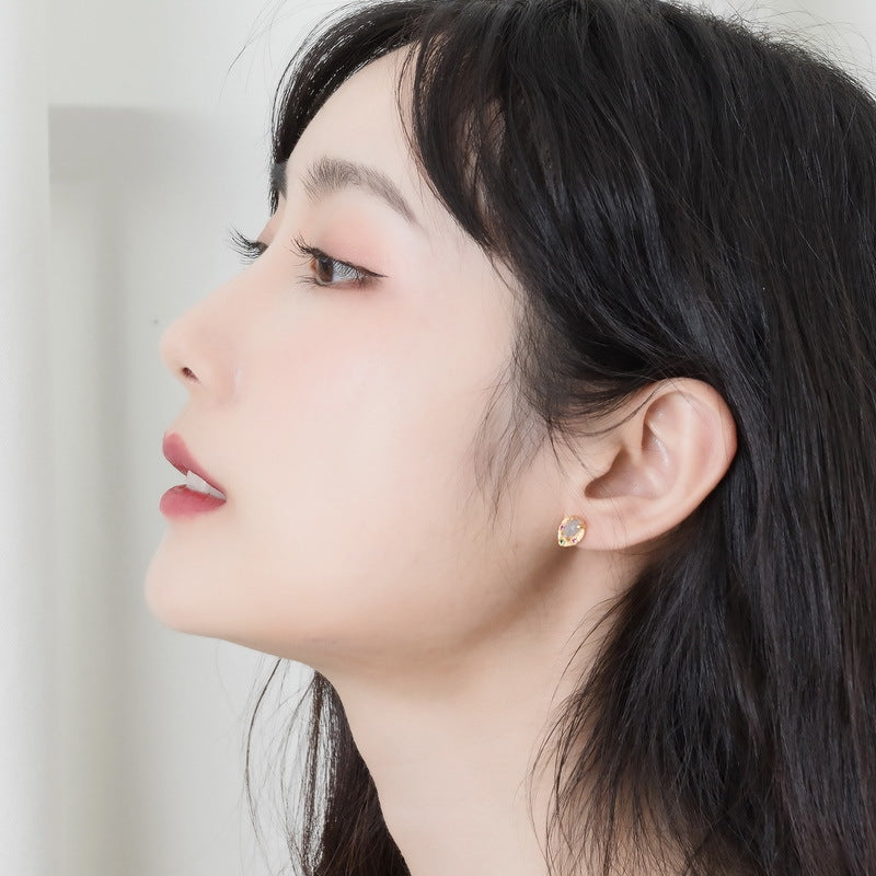S925 Sterling Silver Jewelry Earrings Natural Labradorite Gemstone Golden Leaf Stud Earrings