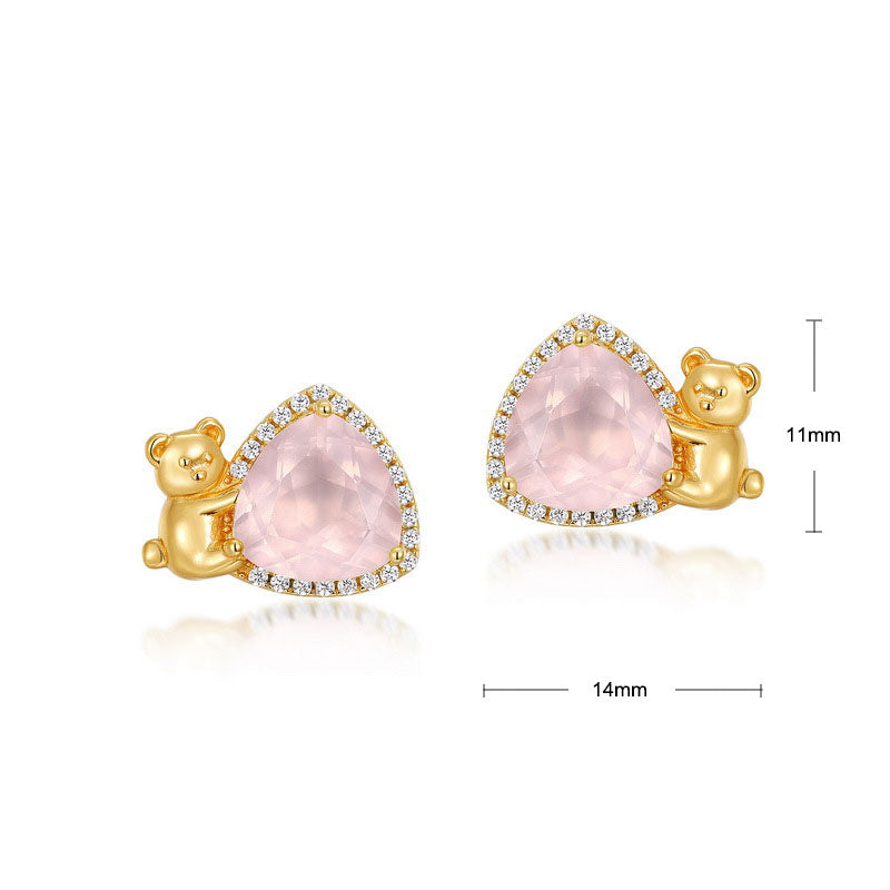 S925 Sterling Silver Jewelry Earrings Natural Rose Quartz Little Bear Triangle Style Earrings