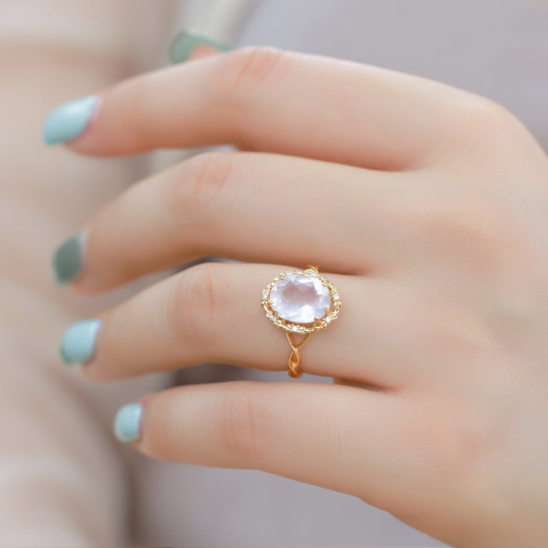 S925 Sterling Silver Jewelry Ring Gold Plating Natural Rose Quartz Gemstone Rings