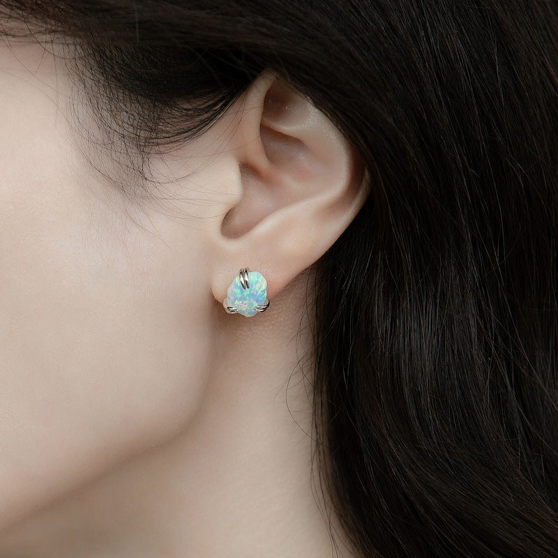 S925 Sterling Silver Jewelry Earrings Magical Color Opal Gemstone Irregular Style Stud Earrings