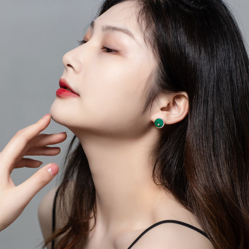 S925 Sterling Silver Jewelry Earrings Natural Malachite Gemstone Moon Star Style Stud Earrings