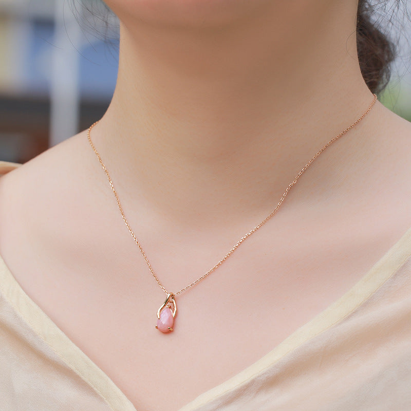 S925 Sterling Silver Jewelry Necklace Natural Pink Opal Gemstone Simple Luxury Necklaces