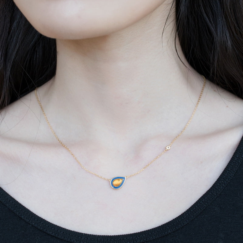 S925 Sterling Silver Jewelry Necklace Natural Amber Enamel Water Drop Style Charms Necklaces