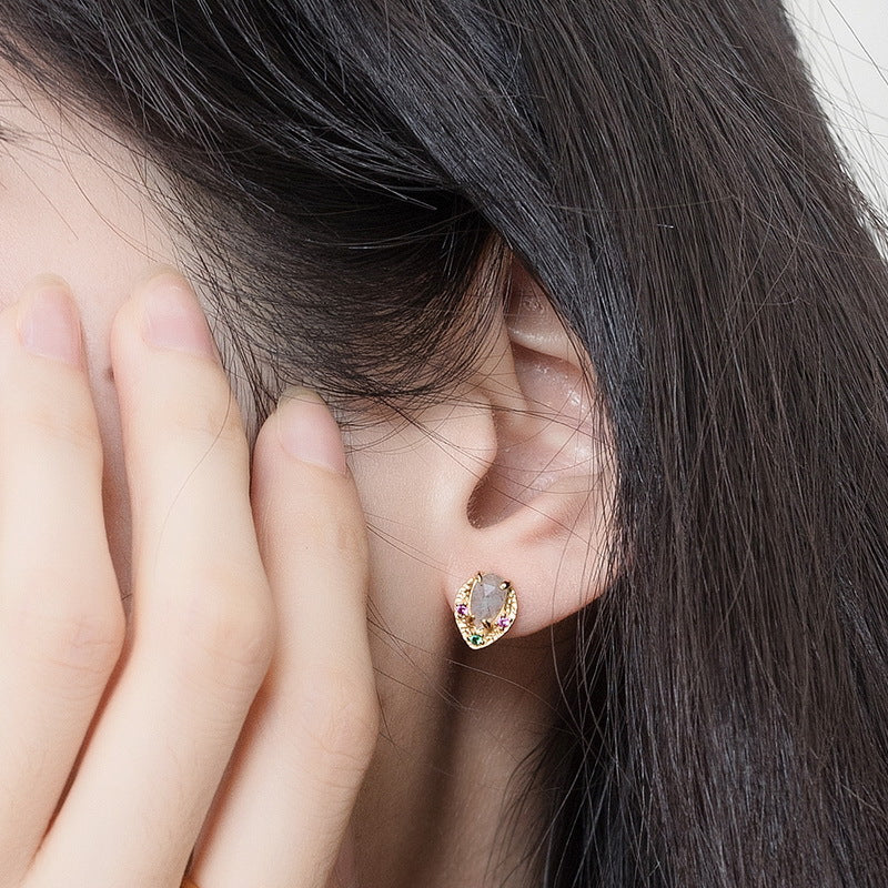 S925 Sterling Silver Jewelry Earrings Natural Labradorite Gemstone Golden Leaf Stud Earrings