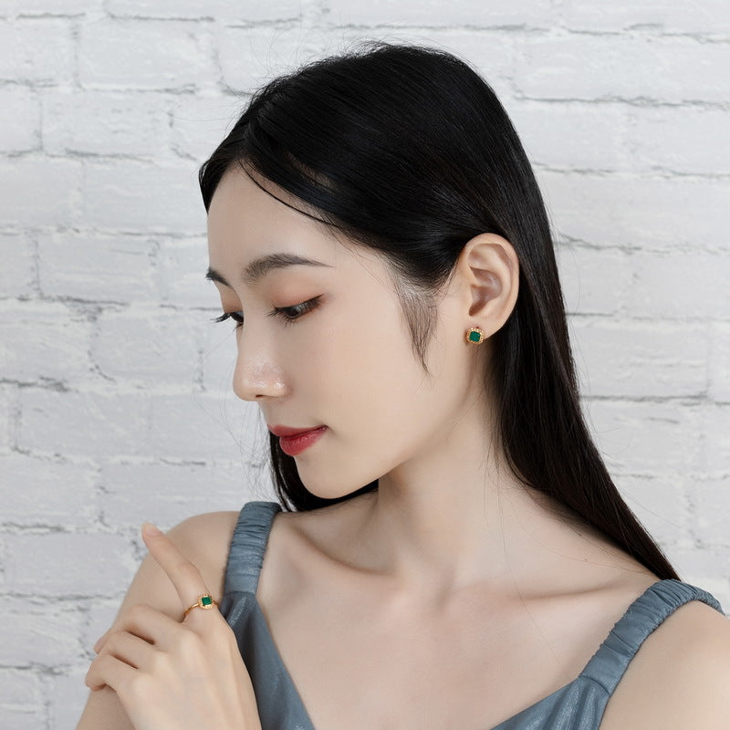 S925 Sterling Silver Jewelry Earrings Natural Green Agate Gemstone Vintage Palace Style Earrings