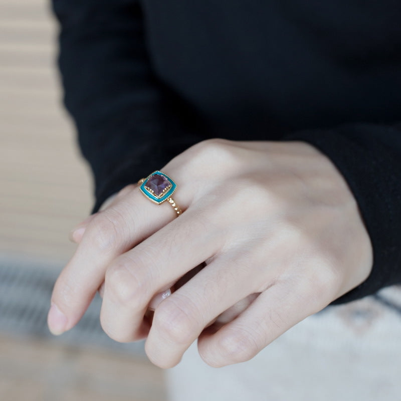 S925 Sterling Silver Jewelry Ring Natural Amethyst Gemstone Enamel Square Style Rings