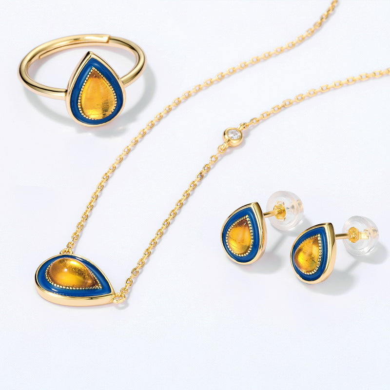 S925 Sterling Silver Jewelry Earrings Natural Amber Vintage Enamel Water Drop Style Earrings