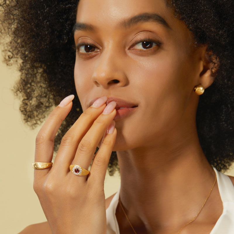 S925 Sterling Silver Jewelry Ring Natural Mozambique Garnet Brushed Finish Luxury Rings